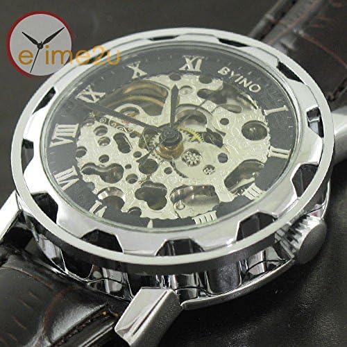 Watch Magasin Self-Winding Automatic Skeleton Mechanical Mens Black Leather Silver Wrist Watch