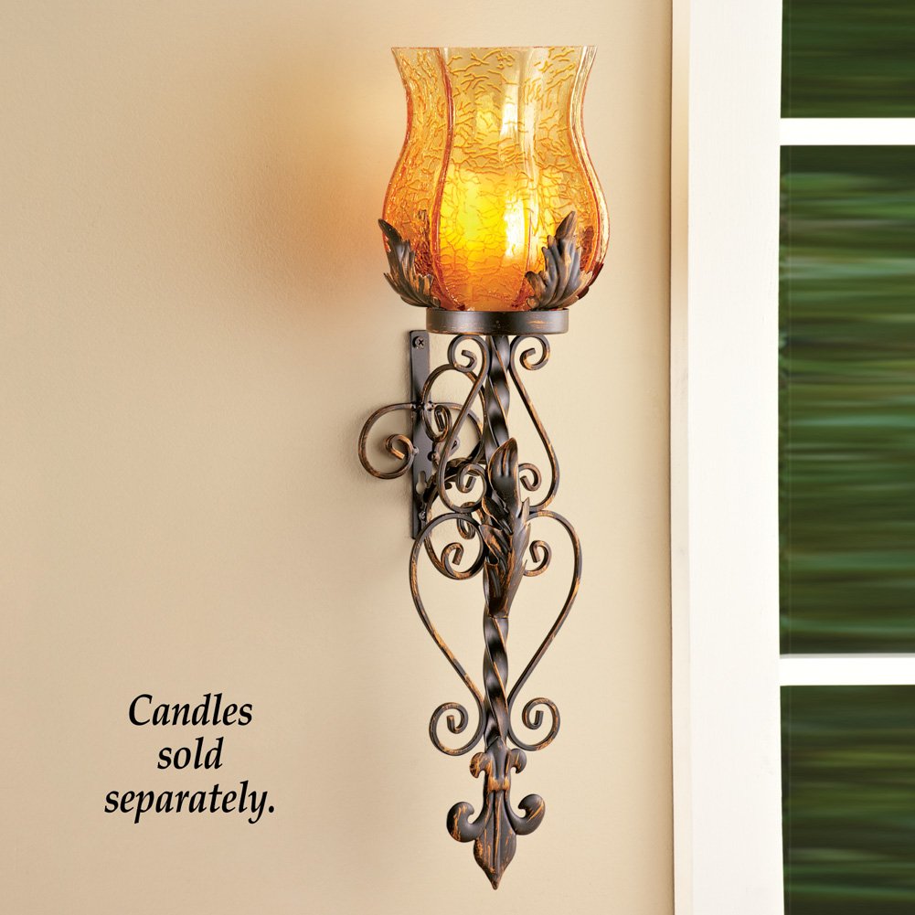Bronze Elegant Scrollwork Decorative Hurricane Amber Glass Candle Holder Sconce Metal Vintage