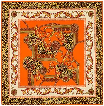 Women Silk Square Luxurious Leopard Flower Chain Print Silk Scarf (Orange)