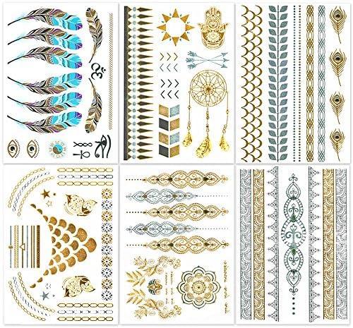 Hakuna 6 Sheets Metallic Temporary Tattoos, Jewelry Patterns in Flash Gold/ Silver/ Blue