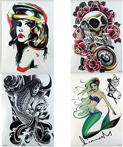 4 Sheets of Temporary Tattoos: Smoking lady with a hat, Freedom Skull, Cat fish, Mermaid