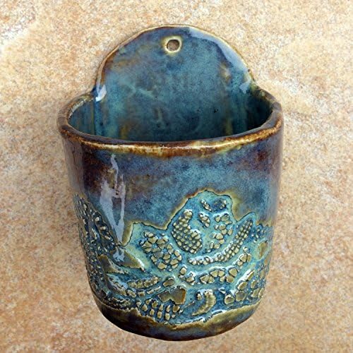 Small Wall Pocket Turquoise Brown Stoneware Ceramic 4 inch
