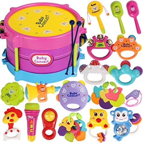 ROWAG 25 Pieces Baby Rattles and Teethers Drum Set for Boy Girl Educational Kids Musical Instrument Playset Toys