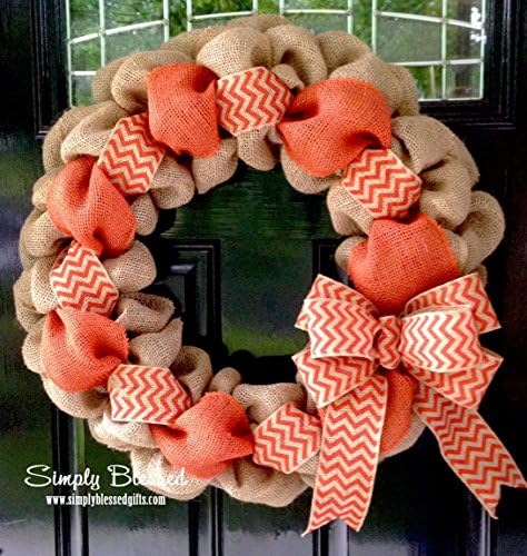 Orange Chevron Burlap Wreath - 22 inch for front door or accent - outdoor or indoor