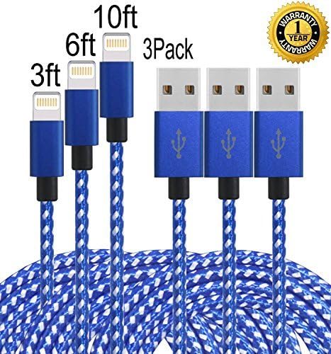 IFaxnn 3pcs 3FT 6FT 10FT Lightning Cable Premium Popular Nylon Braided Charging Cable Extra Long USB Cord for iphone 6s, 6s plus, 6plus, 6,5s 5c 5,iPad Mini, Air,iPad5,iPod (blue+white).