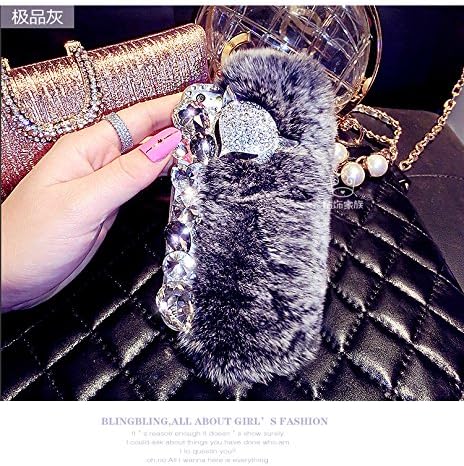 Little Apple Luxury Bling Crystal Decorated Rabbit Fur Plush Protecting Case Skin Cover for Iphone 6 (4.7) Fox Design (grey)