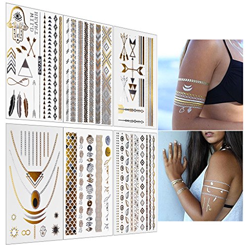 BeneU Metallic Temporary Tattoos Gold and Silver Shiny Flash Jewelry Tattoos Shimmer Designs for Bachelorette Party in Gold, Silver, Black & Turquoise