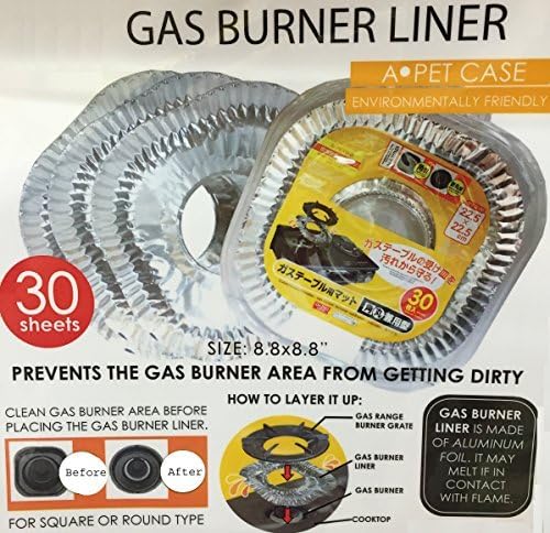 Universal Gas Stove Burner Liner Drip Pan 30 Pack Aluminum Foil Sheets Cover for Square or Round Type 8.8" X 8.8" Stay Clean and Disposable