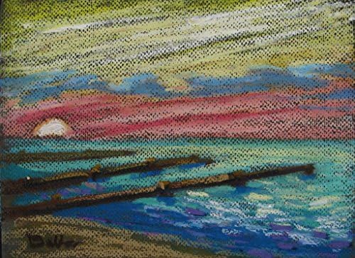 Lou Baker Original Art Oil Pastel Ocean Jetty Beach Waves Water Sundown Pink
