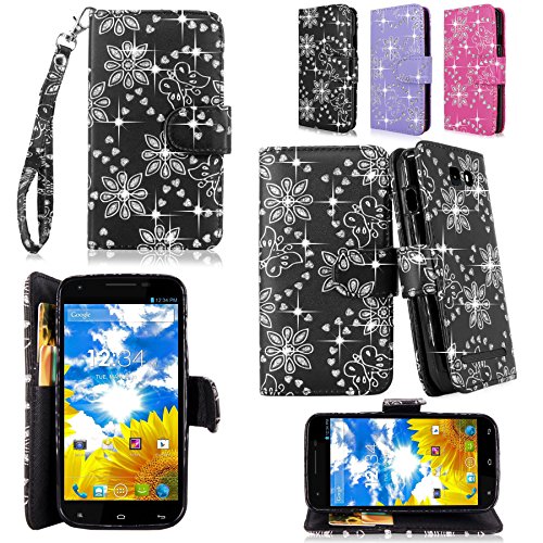 Cellularvilla Wallet Case for BLU Studio 5.5 D610a Black Glitter Pu Leather Wallet Card Flip Open Pocket Case Cover Pouch