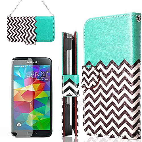 myLife Sea Foam Blue, Black and White - Cheveron Design - Koskin Faux Leather (Card, Cash and ID Holder + Magnetic Detachable Closing + Hand Strap) Slim Wallet for NEW Galaxy S5 (5G) Smartphone by Samsung (External Rugged Synthetic Leather With Magnetic Clip + Internal Secure Snap In Hard Rubberized Bumper Holder)