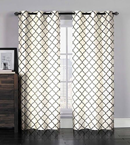 Single (1) Grommet Window Curtain Panel: Faux Silk, Moroccan Trellis Design, 38" x 96" (Ivory with Black )