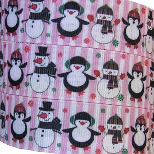 Holiday Grosgrain Ribbon, Pink Stripes, Penguins & Snowmen 7/8 Inch x 2 Yards + 1 Yard Custom Print
