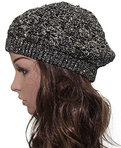 Women Bright Sequins Crochet Braided Knit Beret Baggy Beanie Ski Cap Hat
