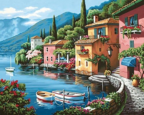 Sunteeny Frameless DIY oil painting Paintworks Landscape Paint By Number, Lakeside Village,16*20 inches