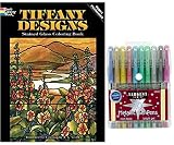 Sargent Art Metallic Gel Pens 10 Ct, and Dover Tiffany Designs Stained Glass Adult Coloring Book, Original Art Work Shown in Full Color on the Inside Cover, Place near a window for glowing results!