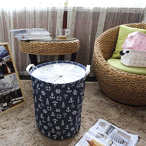 Deep Sleep Home Cotton Linen Foldable Round Storage Basket, Laundry Basket Bin Bag Hamper Closet, Printing Design, Home Collection Storage (34x45cm(13.4"x17.7"), Anchor)