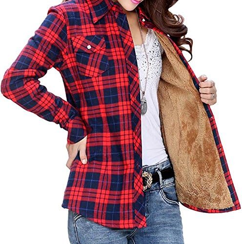 Totoship Long Sleeve Plaid Flannel Warm Shirt Fleece Lined Blouse Up,Blue Red,( US 2=Asia L )