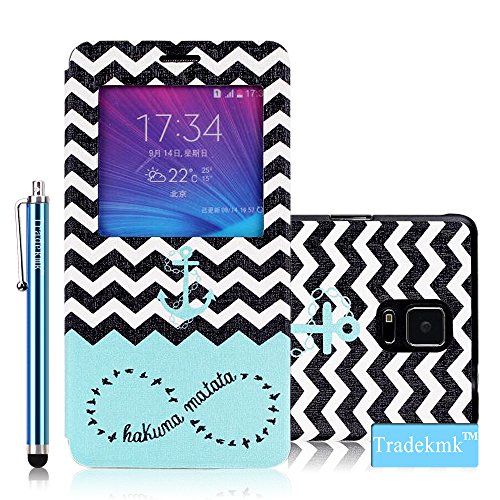 Galaxy Note 4 Case, Tradekmk(TM) Brand New Fashion High Quality Flip Leather Window View Design Display Caller ID Time Table Slim Fit Case Cover[Colored Drawing-Waves Anchor] Compatible with Samsung Galaxy Note 4[+Stylus]