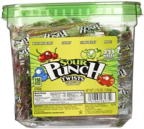 Sour Punch Twists Tub, 225 Individually Wrapped Twists, 4 Flavors: Blue Raspberry, Cherry, Strawberry, Apple, 2.78 lbs (1260g) by Sour Punch