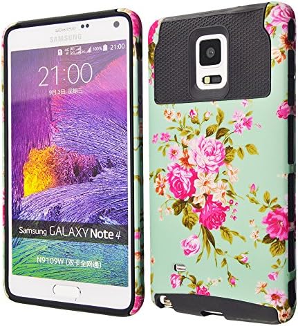 For Galaxy Note 4 IV,Beautiful Flower Print Design Dual Layer Hybrid 2 in 1 Armor Defender [Slim Fit] Protective Rugged Shockproof Pattern Hard Case Cover For Samsung Galaxy Note 4 IV Black