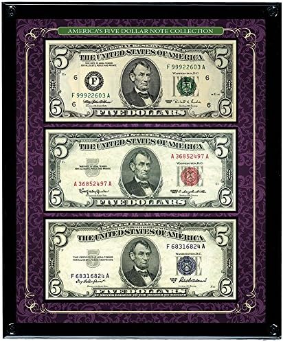 Five Dollar Federal Reserve Note Collection Framed Authentic US Currency