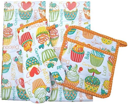 Delicious Cupcake Themed Kitchen Towel Gift Set Orange: 2 Towels, 1 Large Pot Holder and 1 Oven Mitt