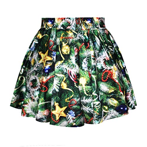 Voglee- Holiday Season Christmas Santa Xmas Print Mini Tutu Skirt (Christmas Tree)