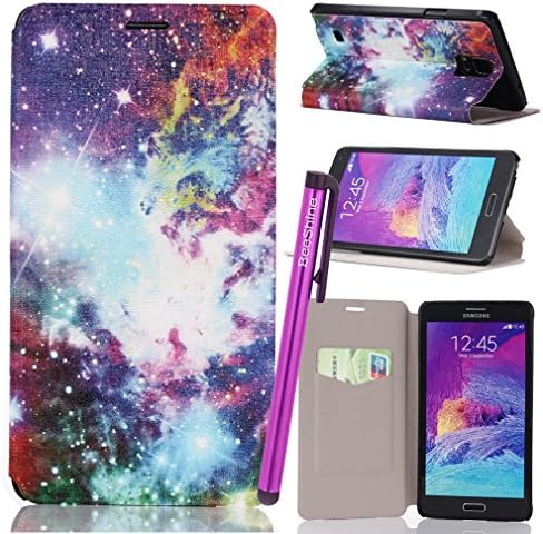 BeeShine Retail Package "Galaxy Note 4 " Case - Stylish Leather Stand Case Flap Pouch Cover Skin for Samsung Galaxy Note 4 + Screen Protector & Touch Stylus Pen (Galaxy Space Style)