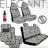 Brand New Premium Grade Zebra Print High Back Front and Rear Seat Covers Set with Steering Wheel Cover, Seat Belt Covers, a Set of 4 Floor Mats and Purple Slice Total 14 Pieces