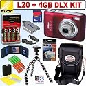Nikon Coolpix L20 10MP Digital Camera (Deep Red) + 4GB Deluxe Accessory Kit