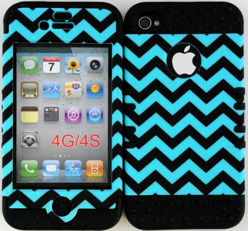 Hybrid Cover Case for Iphone 4 4s Teal Chevron Hard Plastic Snap on Black Silicone Gel
