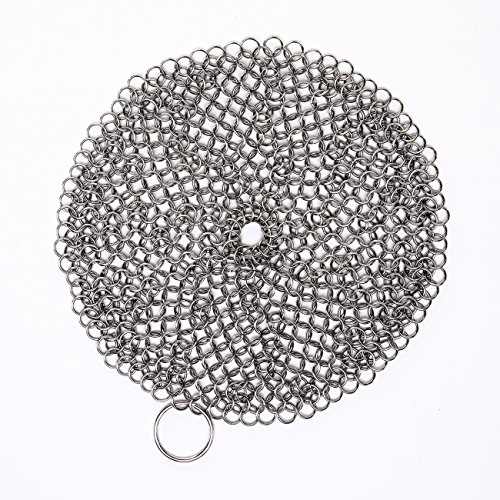 SySrion® Round Cast Iron Cleaner Xl 7x7 Inch Premium Stainless Steel Chainmail Scrubber