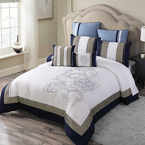 Navy Classic Floral 8 Piece Comforter Set, Queen Bed in a Bag