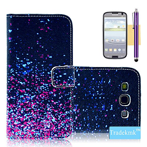 Galaxy S3 Case, Tradekmk(TM) Latest Fashion Luxury PU Leather Folio Magnet Wallet Stand Case Cover [Purple Blue Bits and Pieces] Compatible with Samsung Galaxy S3 i9300-[+Stylus+Screen Protector+Cleaning Cloth]