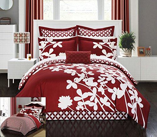 Chic Home 11 Piece Iris Reversible Large Scale Floral Design Printed with Diamond Pattern Reverse Queen Comforter Set Red with Sheet Set