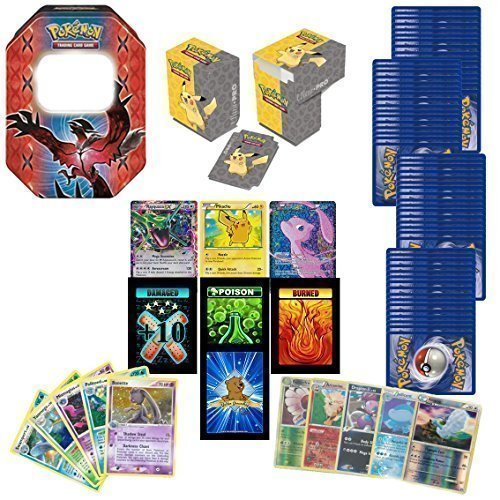 GoldenGroundhog 100 Assorted Pokemon Cards Bundle with 2 Ultra Rares, 20 Foils, Deck Box, Storage Box and 3 Custom Golden Groundhog Token Counters