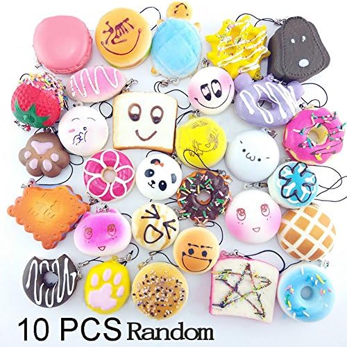 GreenEmart Resin Random Kawaii Soft Squishy Foods Panda Bread Smell Bun Toasts Multi Donuts Macaroon Food Sample Collection Phone Straps Key Chain Gift (10 pcs)