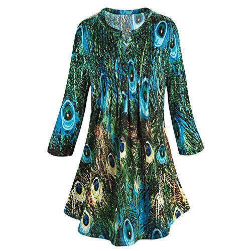 Women's Tunic Top - Green & Blue Peacock Feathers Pleated Shirt