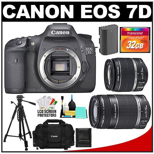 Canon EOS 7D Digital SLR Camera Body (Outfit Box) and 18-55mm and 55-250mm IS Zoom Lens with 32GB Card + Battery + Case + Tripod + Cleaning Accessory Kit