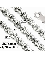 2mm ("COMBO SET" of Three) - .925 Italian Sterling Silver 24", 28", & 30" inches Diamond-cut Rope Chain Necklace with Lobster Clasp - NICKEL FREE