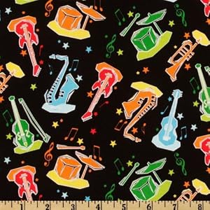 44'' Wide Start The Party Musical Instruments Black Fabric By The  Yard
