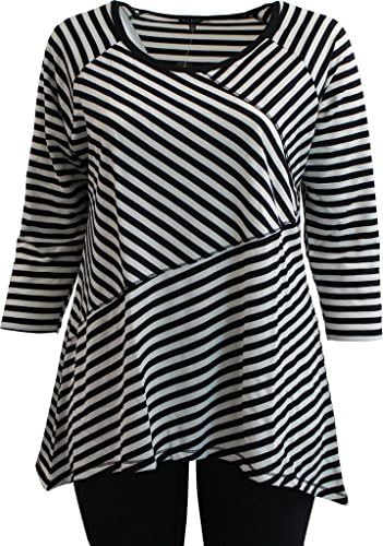 Women's Plus-Size Half Sleeve Round Neck Stripe Asymmetrical Tee Knit Top Black 2X G160.08L