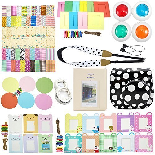 Fujifilm Instax Mini 8 Instant Camera Accessory Bundles Set (Black Instax Mini 8 Case Bag/ White Hard Cover Style Instax Mini Book Album/ White Mini 8 Close-Up Lens(Self-Portrait Mirror)/ Colorful Close-Up Lens For Mini 8/ Dots Camera Strap for Fujif