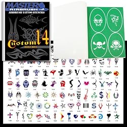 Master Airbrush&reg; Brand Airbrush Tattoo Stencils Set Book #14 Reuseable Tattoo Template Set, Book Contains 100 Unique Stencil Designs, All Patterns Come on High Quality Vinyl Sheets with a Self Adhesive Backing.