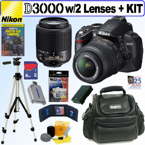 Nikon D3000 10MP Digital SLR Camera with 18-55mm f/3.5-5.6G AF-S DX VR and 55-200mm f4-5.6G ED AF-S DX Zoom-Nikkor Lenses + 8GB Deluxe Accessory Kit