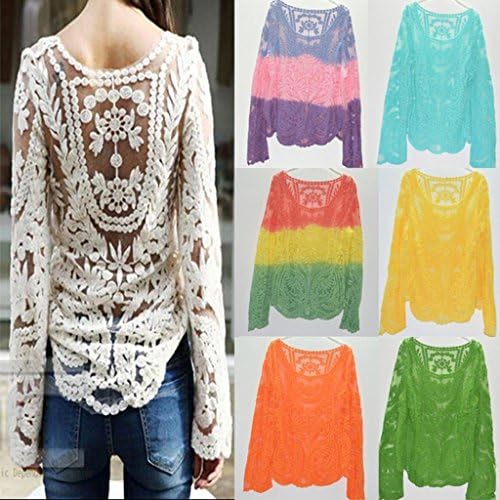 ThumbLike Women's Sheer Embroidered Floral Lace Crochet T-Shirt Top Blouse Colourful Pink (M)