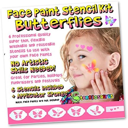 Face Paint Stencil Kit Butterflies &amp; Hearts SO EASY! NO ARTISTIC SKILLS NEEDED! 6 Professional Quality Super Thin Flexible Washable Reusable Stencils with Sponge (Note: Face/Tattoo paint not included)