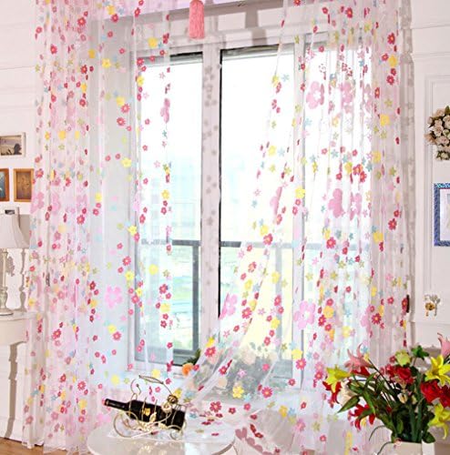 Paker Flower French Door Curtain Panels Flower Kitchen Curtains Window Valance (39.37"(W)*78.74"(L), Pink)