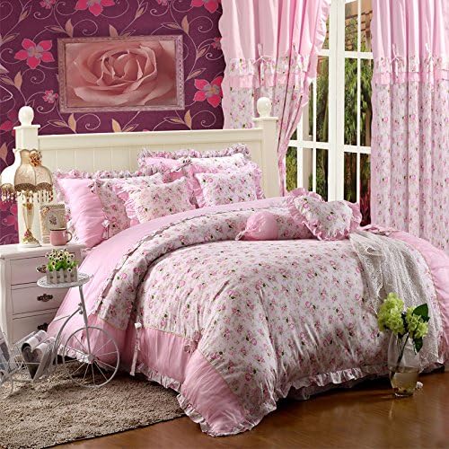 Sisbay Vintage Rose Summer Bedding,Pink Falbala Girls Bed Skirt,Rustic Flower Princess Wedding Duvet Cover 8pcs,Full